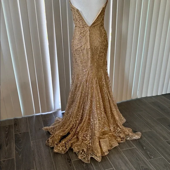slim fit dress slacks Ellie Wilde EW36035 Size 6 Gold Sheer Lace Shimmer Ruffle Prom Dress Ballgown Corset Sequin Layer Gown main image 0